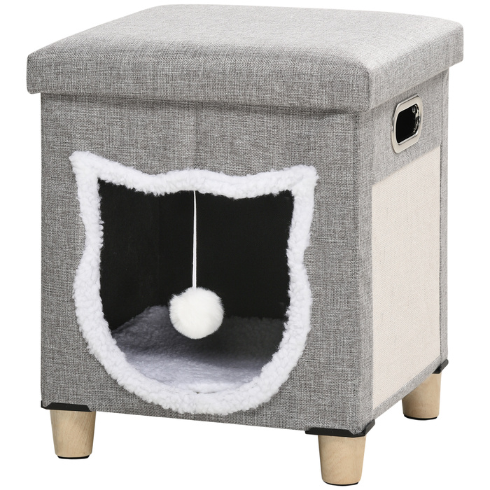 PawHut Cat Cave Пуф з подушкою та килимком для подряпин, Play Ball, протиковзкий, сірий, поліестер для котів
