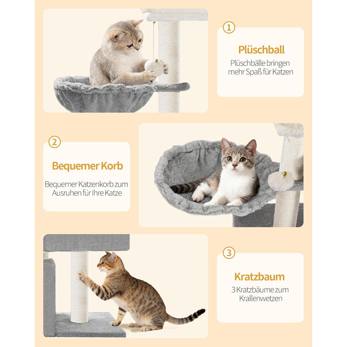 Дерево для кігтів Hzuaneri Kratzbaum 75 см, кігтеточка для котів з лежаком, будиночком, сизалевими стовпчиками та іграшками, сірий колір, MS07618LG