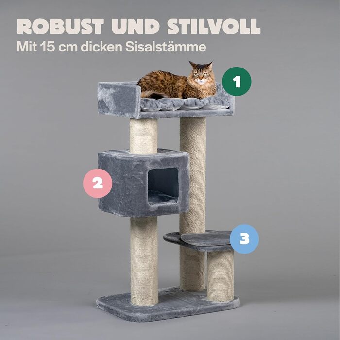Котячий драпак RHRQuality Devon Rex 120 см для великих котів, світло-сірий, з ігровим будиночком і 15 см сизалевими стовпчиками