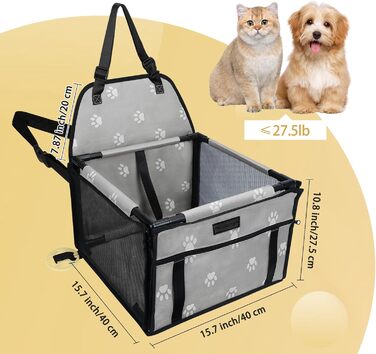 PetsHome автокрісло для собак, складне, водонепроникне, дихаюче, з оксфорду, для малих і середніх собак та цуценят, сірої кольору, з відбитком лапки, оновлена версія