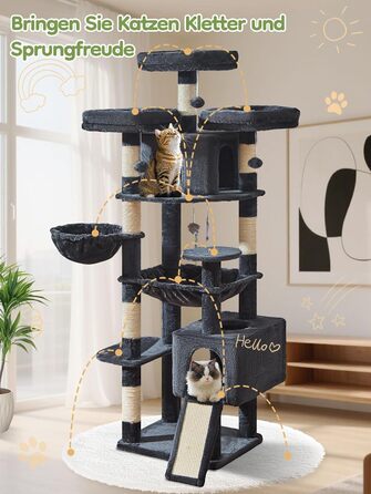 Котячий будиночок Taoqimiao 193 см XXL: великий, стабільний, з 2 будиночками, 7 стовпчиками для дряпання, гамаком та кошиком (MS047G, сірий)