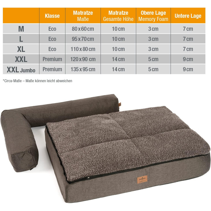 JAMAXX® Преміум собаче ліжко 4-в-1 з ортопедичним матрацом Memory Visco, знімні подушки, змінний чохол, прання допустиме, додаткова товщина наповнювача, спеціальний розмір PDB3015 (3XL) Jumbo 135x95x14 см, коричневий