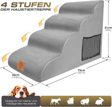 Сходинки для собак маленьких порід, 4 сходинки, знімний підйомник, неслизьке покриття, для ліжка та дивану, сірий колір