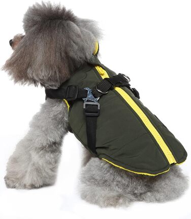 Зимова куртка для собак 2 в 1 з шлейкою, тепла куртка для цуценят та собак маленьких та середніх порід, зелена. Розміри: S (34 см), XL (49 см)