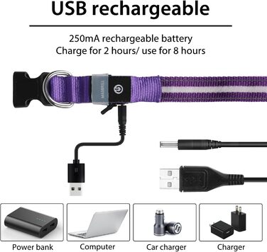 Світловідбиваючий нашийник для собак Masbrill з LED підсвічуванням, водонепроникний, 3 режими освітлення, фіолетовий