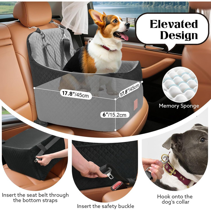 Автокрісло для собак маленьких та середніх порід (до 15,9 кг), з пам'яті-ефекту, знімний чохол, 2 ремені безпеки, чорний/сірий, Medium