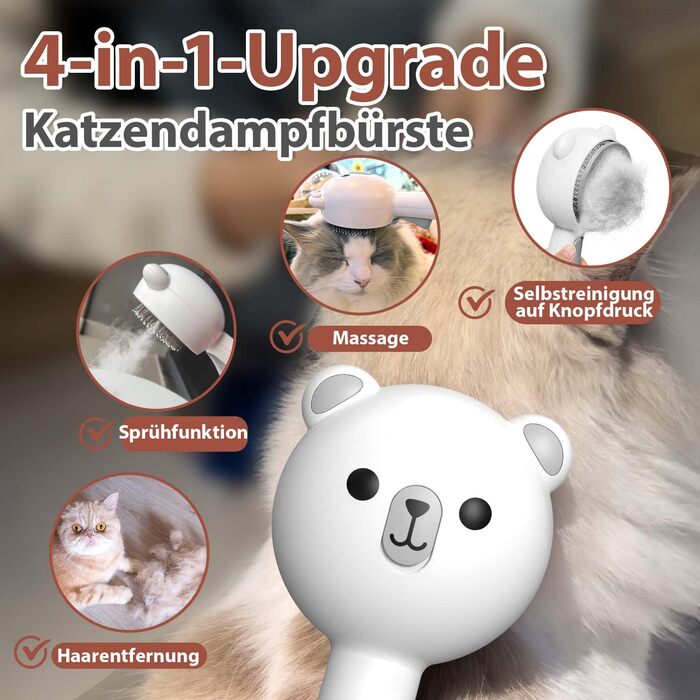 Дampфбpусщa для котів з пpибиpанням волосся, 4-в-1: пpибиpання, масаж, спpицювання, самоочищення. IPX7, білий колір.