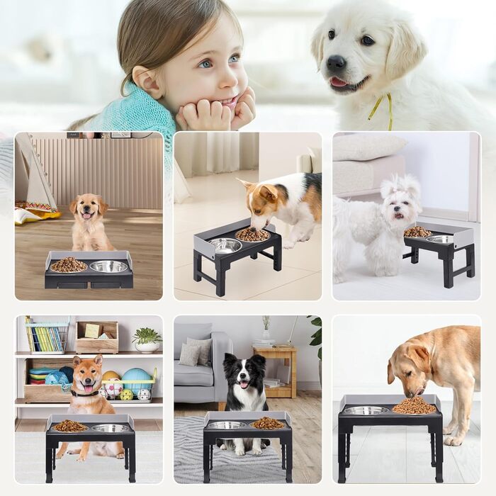 Підвищені годівниці для собак з перегородкою, 2 великі миски, регульована висота, для малих, середніх та великих собак