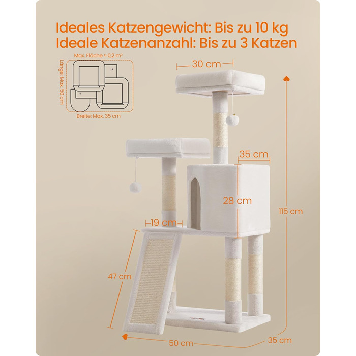 Дряпка для котів Feandrea, 115 см, кремово-білий колір, з дряпальним покриттям, 50 x 35 x 115 см
