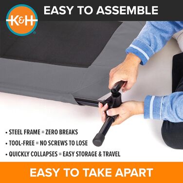 Підвищене собаче ліжко K&H Pet Products для вулиці, дитяче ліжко, гамак для великих собак, сірий/чорний, з металевим каркасом, складна конструкція