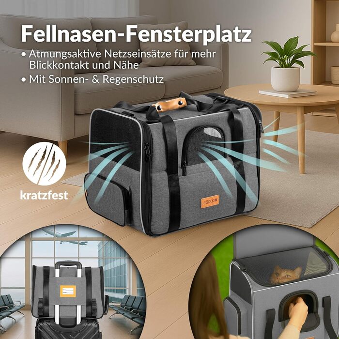 Транспортна переноска для котів CADOCA® до 20 кг, складана, з дахом від сонця та дощу, з підстаканником, дихаюча, комфортна, з обертовим матрацом, сіра