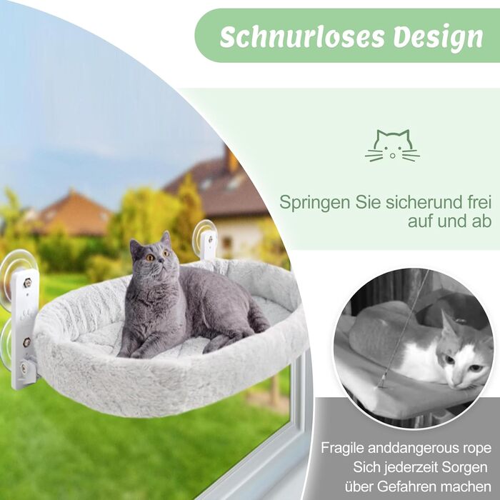 Кішка ліжко гамак для вікна, гамак для котів без мотузки, складане ліжко для котів на вікно з присосками, стабільний гамак для котів, вантажопідйомність 15 кг, сірий колір