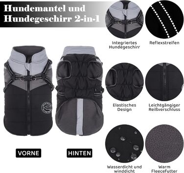 Водонепроникний зимовий теплий дощовик для собак Savlot - вітронепроникна куртка для маленьких та середніх собак з нашийником, світловідбиваючі елементи (чорний + сірий)