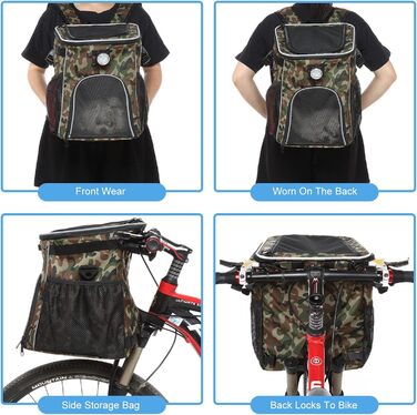 PETCUTE Фарбований велосипедний кошик для собак і котів, складаний кошик для собак на велосипеді спереду з бічними кишенями, дихаючий велосипедний кошик спереду для маленьких і середніх собак з світловідбиваючими смугами та світлом (Оливковий)