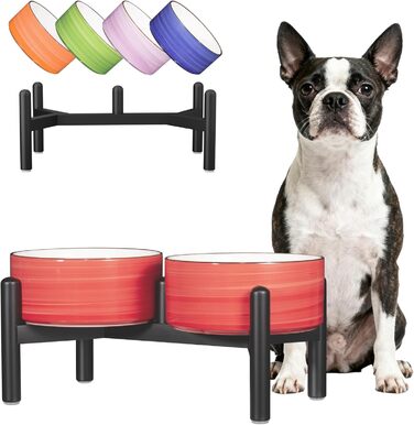 Керамічна годівниця для собак на підставці з нержавіючої сталі - подвійна годівниця для маленьких та середніх собак, неслизький набір мисок для їжі та води, 350г / 660мл, 15см (червона)
