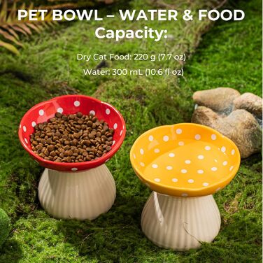 Підвищений годівниця для котів, керамічна миска у формі гриба, широка та плоска миска для котів на підставці, миска для котів, що запобігає блювоті, миска для кошенят та літніх котів (червона)