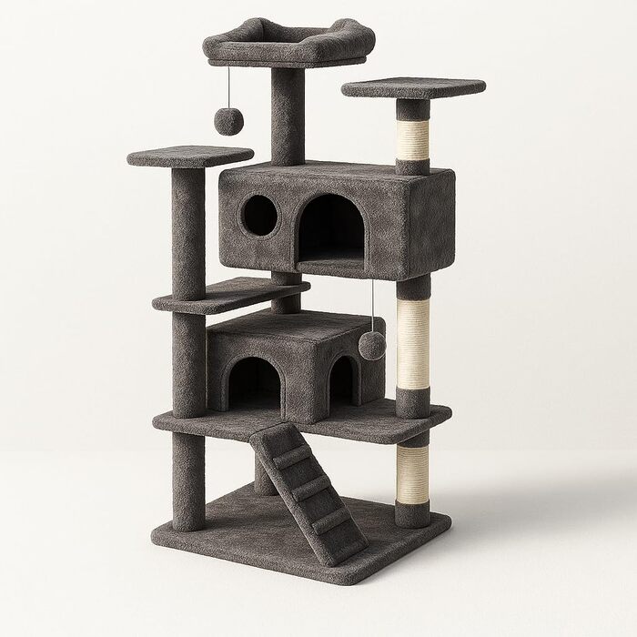 Дерев'яний комплекс для котів DUMOS з сизалевим покриттям, 135 см. Кліматична колона, кігтеточка, будиночок для котів. Активізує котів будь-якого віку (Бежевий, Темно-сірий)