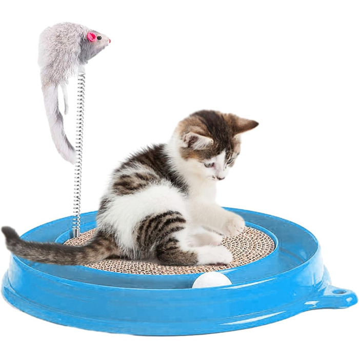 Кігтеточка для котів з м'ячиком та іграшковою мишкою - інтерактивна іграшка для кошенят, тренування та розваги. Ігровий мат для котів, синій.