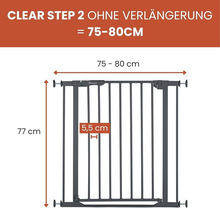 Захист для воріт Hauck Clear Step Autoclose 2, Темно-сірий - для дітей, регульована ширина 75-80 см, висота 77 см, самозакривання, низький поріг, двостороннє відкривання однією рукою, без свердління