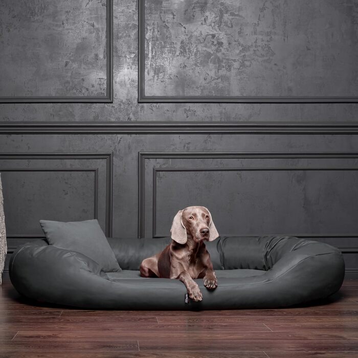 Ортопедичне ліжко для собак Tierlando® Sammy VIP з віскоматрацом та високим бортиком з штучної шкіри (веллуру) - для суглобів, комфортний сон, розмір 100x85 см, колір: Графіт