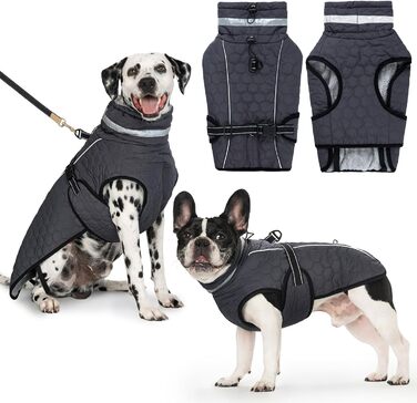 Водонепроникний зимовий теплий куртка для собак з підсумком для повідка. Підходить для малих, середніх та великих собак. Сірий колір.