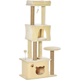 Велика дряпка для котів PawHut 60x34x136 см з платформами, знімними плюшевими будиночками, джутовими стовпчиками та підвісним м’ячиком, бежева