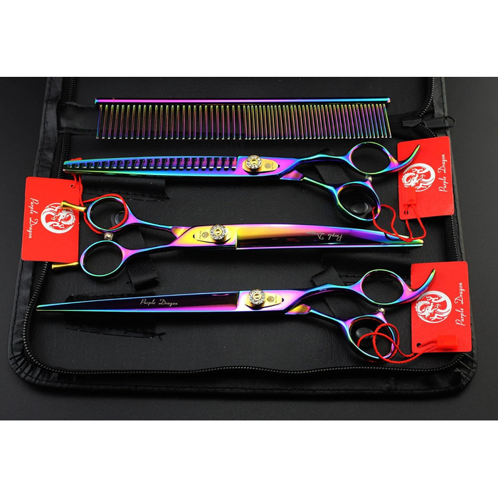 Професійна ножиця для стрижки домашніх тварин Purple Dragon 3-в-1, 17.8/20.3 см, вигнута ножиця та ножиці для собак – догляд за шерстю, A-Райдуга
