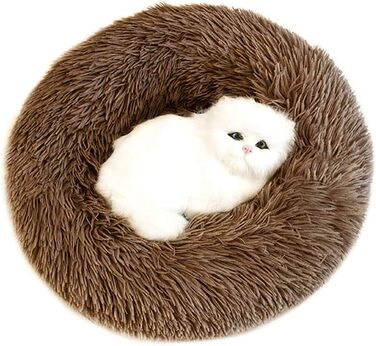 Кругле м'яке ліжко для собак та котів Deluxe з плюшу, форма пончика, діаметр 70 см, світло-коричневий колір, водонепроникне дно