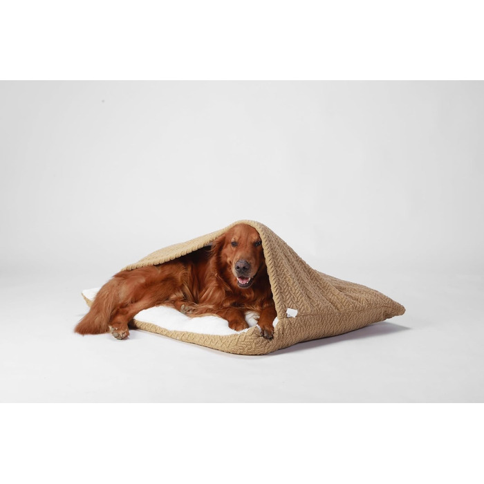 Спальник для собак з дахом, затишне ліжко-печера для собак, теплий зимовий плюшевий лежак з капюшоном, ліжко для котів зі знімним дахом, диванчик для собак маленьких та середніх порід (Бежевий, 60x50x23 см)