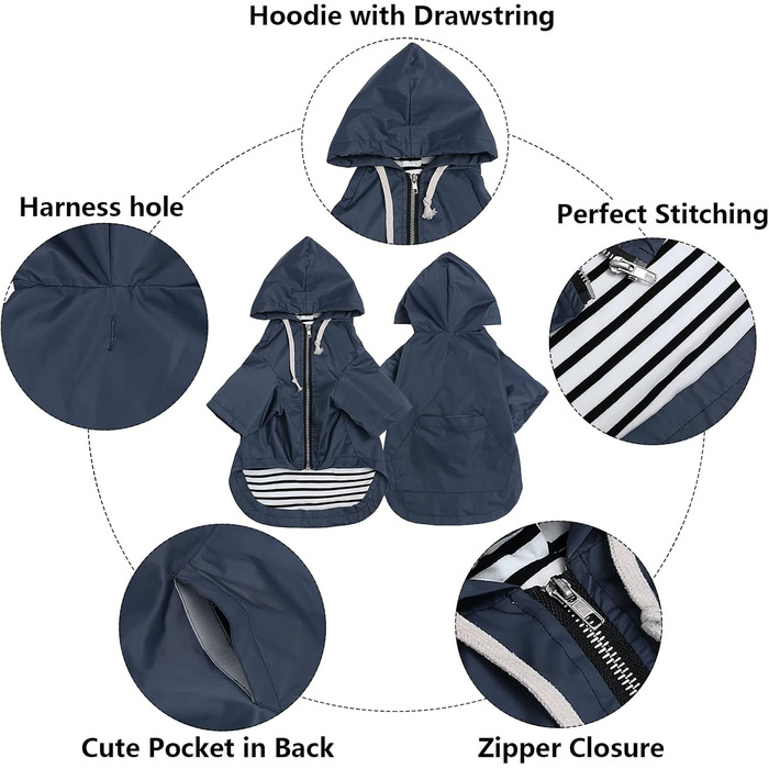 MOREZI Водонепроникний дощовик для собак з захистом лап та міцною капюшоном - Легкий, для малих/середніх порід - Застібка-блискавка, регульований шнурок, синій, S (Обхват грудей: 43-48 см), колір 'Глибокий синій'