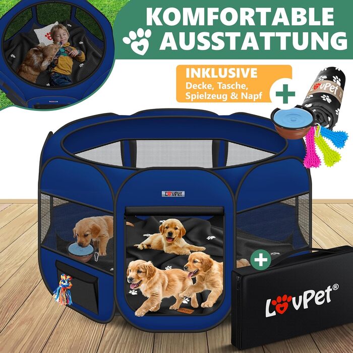 LOVPET® Складаний вольєр для цуценят і дрібних тварин, для собак і котів, з мискою та флісовою ковдрою, переносний вольєр з оксфордської тканини, поп-ап, для дому і вулиці, темно-синій