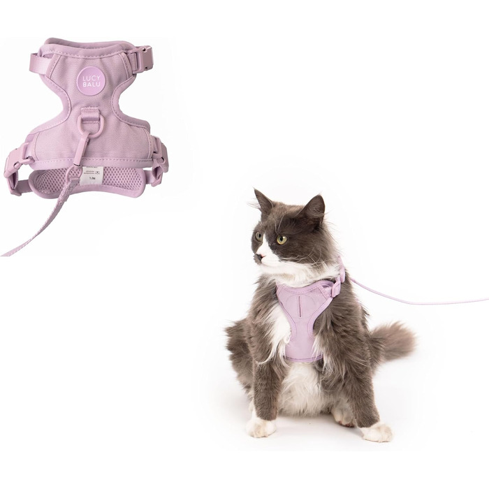 Шлейка для котів LucyBalu® Explorer з повідком | Безпечна шлейка з відділенням для AirTag | Lila XS/S