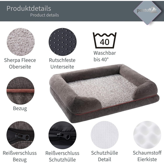 Ортопедичне собаче ліжко з знімним та пральним чохлом, неслизьке, темно-сірий колір, розмір L (106x80x18 см)