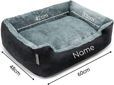 Килимок для собак Lionto з двостороннім подушками та неслизьким дном, міцний лежак для домашніх тварин з глибоким входом для собак та котів будь-якого віку, 50x37 см, м'який лежак для собак, (Д 60 x Ш 48 x В 18 см (з нанесенням імені), чорний/сірий)