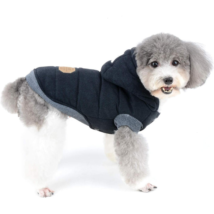 Зимова куртка для собак, тепла флісова підкладка, бавовняний халат для тварин, захист від вітру, капюшон, для котів та собак, чорний, розмір L (обхват грудей 42 см)