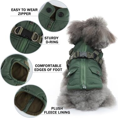 Вітростійка куртка для собак, тепла жилетка для цуценят та собак середніх розмірів, зелена, XL. З D-початком та блискавкою на спині.