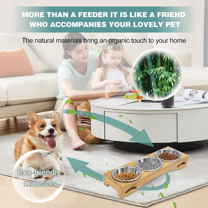 Набір мисок для котів та собак 3 шт. з підставкою з бамбука, підняті миски, нержавіюча сталь