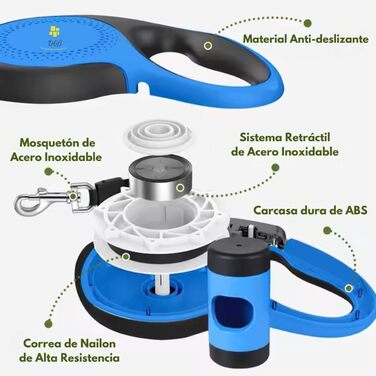 Висувна собача шлейка, 3 м, для собак маленьких, середніх та великих порід, ергономічна ручка, до 15 кг, колір блакитний, розмір L