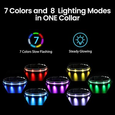 Світлодіодне нашийник для собак Masbrill з підзарядкою, 7 кольорів RGB, 8 режимів свічення, регульований, водонепроникний, для собак малого, середнього та великого розміру, чорний, розмір M