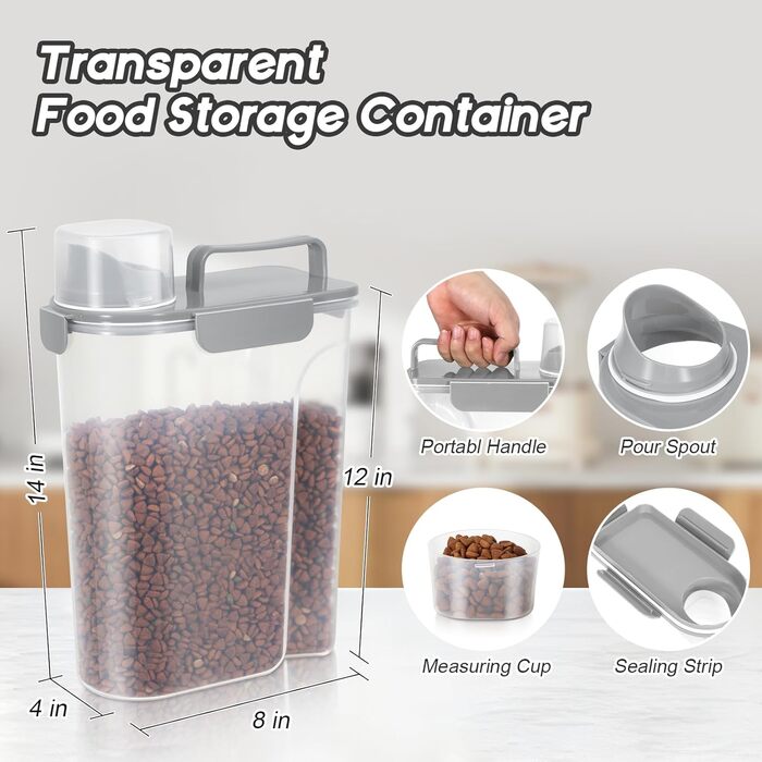 Контейнер для корму для собак, пластиковий, BPA-free, 3,6–5,4 кг, з великою кришкою, 4 герметичні замки, мірна чаша, ручка, легке очищення, 2 шт., білий