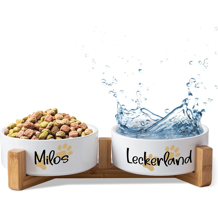 Керамічний подвійний набір мисок з іменем для собак та котів 'Дві маленькі лапки' - персоналізований набір мисок з/без підставки | Миска для собак, годівниця, миска для їжі | Годівниця (2x 1300 мл, з підставкою)