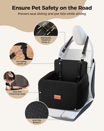 Автокрісло для собак Petcozife: безпечне та зручне автокрісло для собак малого та середнього розміру (до 15 кг), знімний, з товстим килимком та двома страхувальними ременями (чорний)