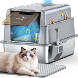 Закритий лоток для котів з нержавіючої сталі XXL з кришкою та дезодорантом, гігієнічний туалет для котів