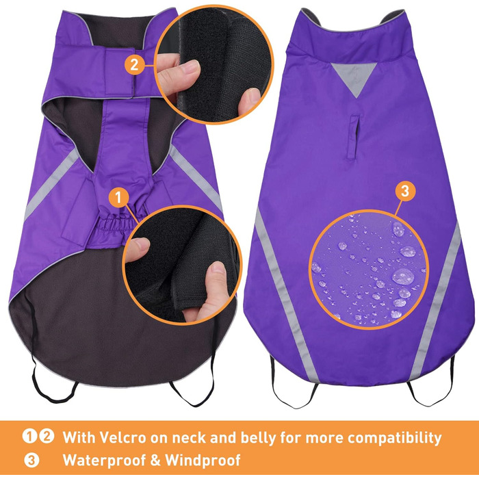 Водонепроникний зимовий одяг для собак - теплий флісовий дощовик з отвором для коміра та світловідбиваючими елементами, 4XL, фіолетовий