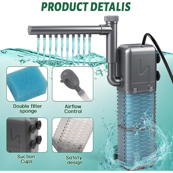 EXLECO Фільтр для акваріума 9W, 800 л/год, вбудований фільтр з 2 змінними губками, регульований фільтр для акваріумів 20-50л, фільтр-насос для акваріумів з розпилювачем