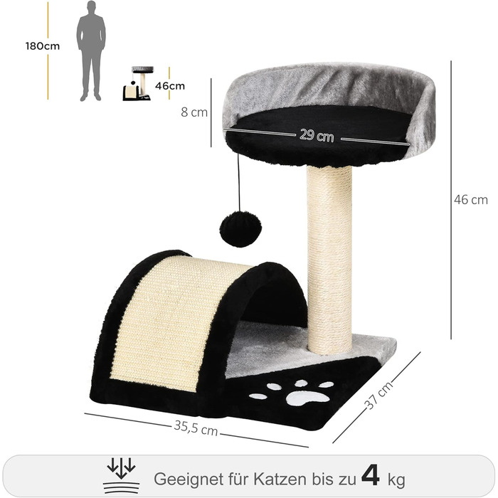 Кігтеточка для котів PawHut - кігтеточка-дерево з іграшками, чорна, 35,5 x 37 x 46 см