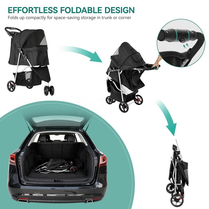 Візок для собак та котів YITAHOME 15 кг, чорний, з трьома колесами, сітчастим вікном та гальмами