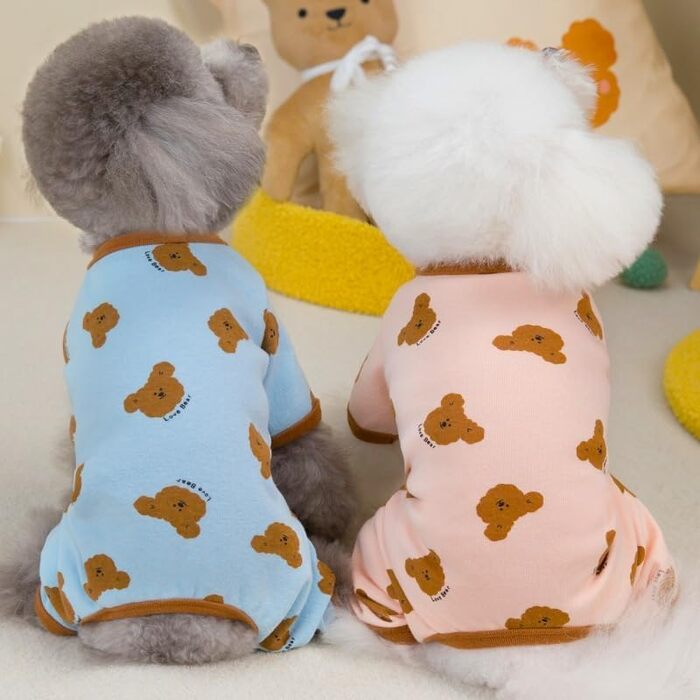 Піжама для собак AXIIJGL, бавовна, еластична, цільнокрійний костюм, зручна, для дрібних собак, милий ведмедик, принт, для Французького бульдога (XX-Large, довжина спини 37 см), рожево-блакитна