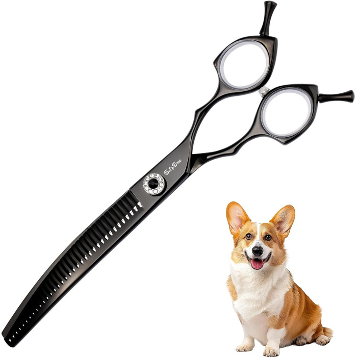 Професійна вигнута ножиця для грумінгу домашніх тварин 7.5 дюймів (25 градусів) з 35 зубцями, чорна, преміум-якість
