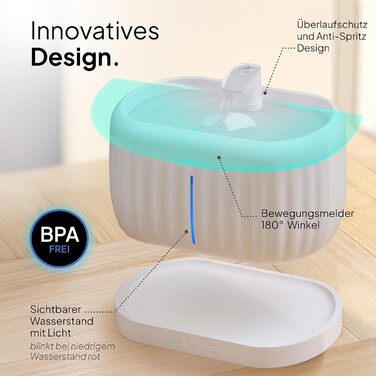 Турбофонтанчик для котів Pretty Paw з датчиком руху, бездротовий, 45 днів роботи від акумулятора, фільтр, 4 л, BPA Free (білий, 3 л)